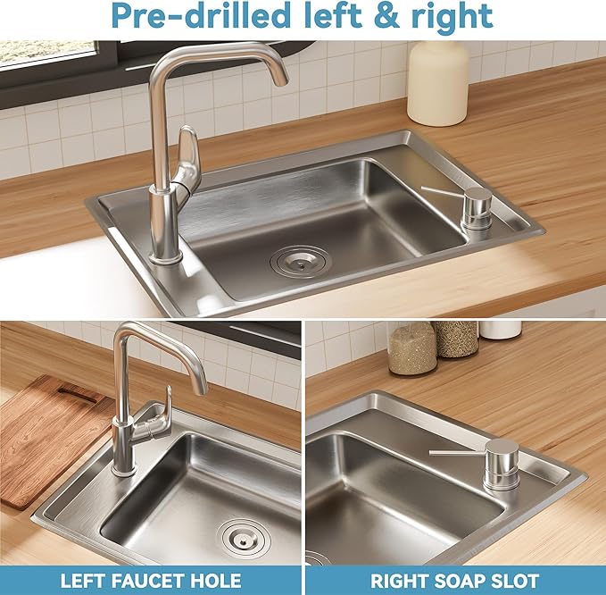 MILOSEN 25''x17'' RV Kitchen Sink, T304 Stainless Steel Drop In Top Mount Camper Sink, Single Bowl Basin with Pre-Drilled Holes & Strainer, 4" Deep Anti-Splash Sink for Mobile Building