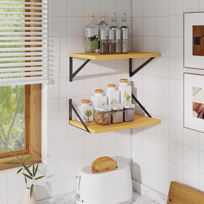 Acovy Floating Shelves for Wall,18" Wall Mounted Shelves Set of 2,Wood Floating Shelf with Bracket,Sturdy Metal Bracket Bookshelves Home Decor Storage for Living Room,Bedroom,Bathroom,Kitchen,Oak