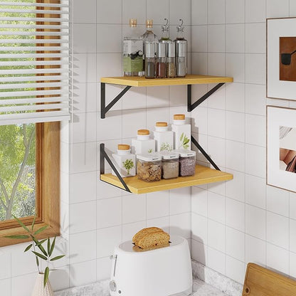 Acovy Floating Shelves for Wall,18" Wall Mounted Shelves Set of 2,Wood Floating Shelf with Bracket,Sturdy Metal Bracket Bookshelves Home Decor Storage for Living Room,Bedroom,Bathroom,Kitchen,Oak