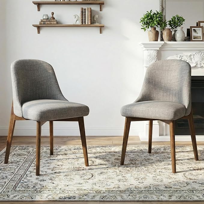 Casaphoria Set of 2 Dining Room Chairs, Mid Century Modern Accent Chairs with Cushioned Seat and Weathered Oak Wood Legs, Light Grey Fabric Dining Chairs for Kitchen, Bedroom, or Office Use