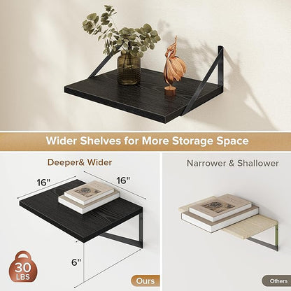 Acovy Deep Floating Shelves Wall Mounted, 16"x12" Black Wall Shelves with Brackets Set of 2 for Bedroom, Living Room, Bathroom, Kitchen, Office - Storage & Display Shelf for Decor, Books, Plants