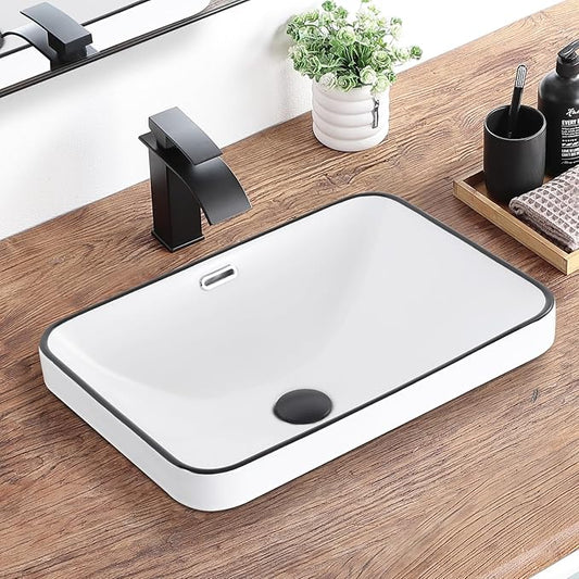 Bathroom Vessel Sink 20.6'' x 14.7'' Semi Recessed Bathroom Sink Rectangular Drop In Sink with Overflow White with Black Trim Ceramic Modern Vessel Sinks for Bathroom