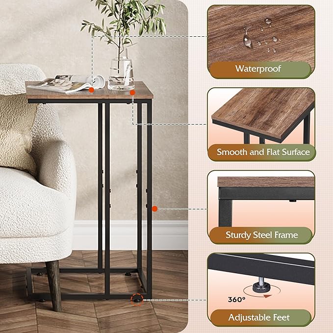 WLIVE C Shaped End Tables Set of 2, C Table Side Table for Couch, TV Trays Set of 2, Couch Side Tables that Slide Under, Small Side Table, C Table for Sofa, Living Room, Bedroom, Small Space, Brown