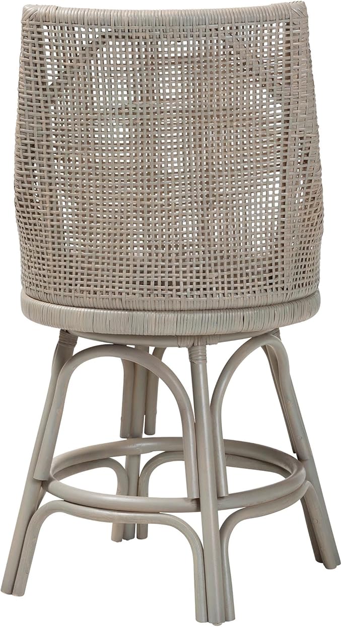 Bali & pari Bella Swivel Rattan Counter Stool with Cushion - Handwoven Wicker Kitchen Island Seating with Backrest and Footrest, French Grey