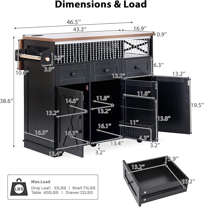 Bellemave 46.5" Farmhouse Kitchen Island cart with Charging Station and with Drape of Beads, Rolling Kitchen Island Table with Drop-Leaf, 3 Drawers, Black