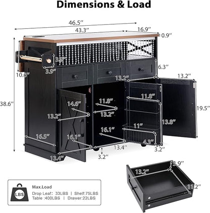 RUNNA 46.5'' Farmhouse Kitchen Island with Drape of Beads,Power Outlet, Rolling Kitchen Cart on Wheels with Drop Leaf, 3 Doors,3 Drawers and Internal Iron Shelf, for Kitchen,Dining Room (Black@72)