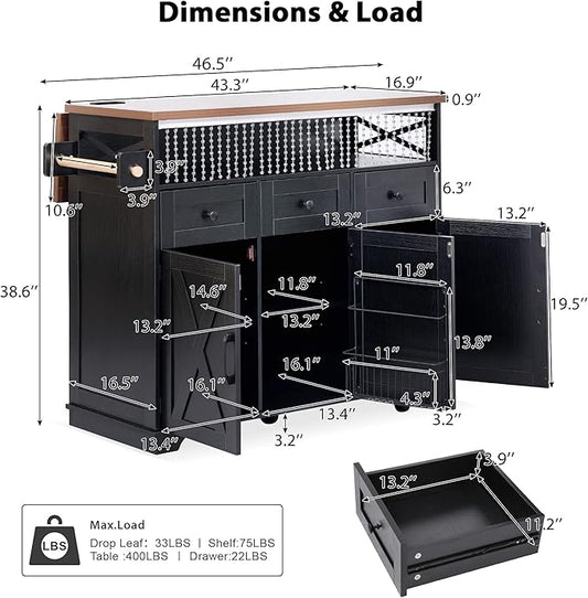 Ball & Cast 46.5" Kitchen Island with Drape of Beads&Power Outlet,Rolling Kitchen Cart on 5 Wheels W/ 3 Drawers,Kitchen Storage Cart W/Internal Iron Shelf&Towel Rack,for Kitchen,Dining Room,Black