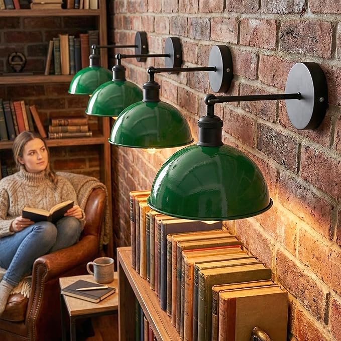 Dome Metal Wall Sconce, 180° Adjustable Industrial Wall Lamp for Bedside, Study, Kitchen, and Living Room Décor. (Green_)
