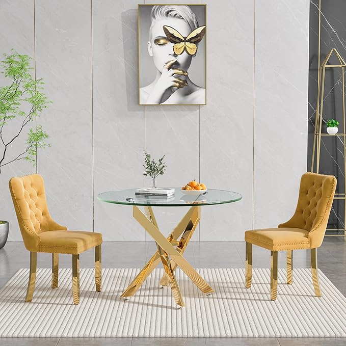 Henf 36" Glass Round Dining Table with X-Shape Metal Legs, Gold Kitchen Table for 2-4 People, Round Glass Dining Room Table for Small Space, Easy Assembly Circular Side Desk