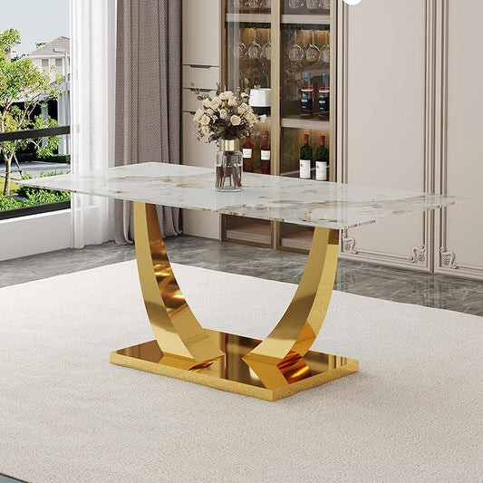 Faux Marble Dining Table, 71" Dining Room Table with Rectangular Tempered Glass Top for 6-8, Modern Kitchen Table with Golden U-Shaped Base, Contemporary Kitchen Dining Room Furniture
