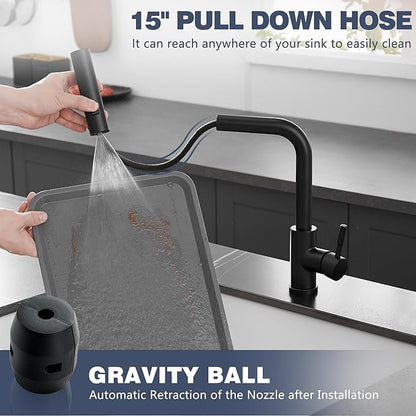 GIMILI Matte Black Kitchen Faucet with Pull Down Sprayer, Waterfall 15“ High Single Handle Kitchen Sink Faucets