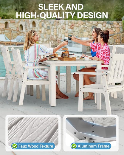 YEFU HIPS Patio Table Set: 10 Piece Outdoor Table and Chairs Dining Furniture Set with Umbrella Hole - White Modern Plastic Dining Sets 8 Person for Outside Deck with Metal Aluminum Frame