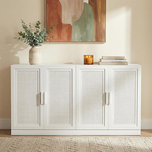 Casaphoria Adam Sideboard Buffet Cabinet with Storage, Sideboard Cabinet with Rattan Doors & Adjustable Shelves, 62" W x 31" H Coffee Bar for Entryway Kitchen Living Room, White