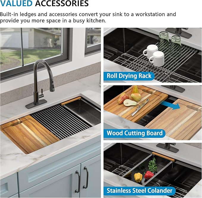 33 Undermount Kitchen Sink Black - Fulorni 33"x19" Kitchen Sink Ledge Workstation Gunmetal Black NANO-PVD 16 Gauge 304 Stainless Steel Under Counter Single Bowl Basin