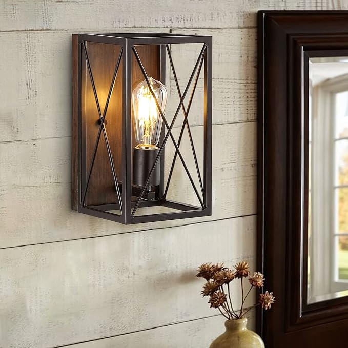 JONATHAN Y 6" Oil Rubbed Bronze/Wood Finish 1-Light Iron Sconce, Farmhouse Rustic X-Frame Wall Lantern for Bathroom Hallway Entryway, Modern Industrial Lamp, LED Bulb Included JYL1310A
