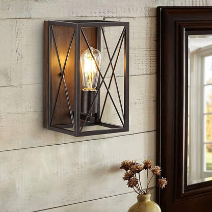 JONATHAN Y 6" Oil Rubbed Bronze/Wood Finish 1-Light Iron Sconce, Farmhouse Rustic X-Frame Wall Lantern for Bathroom Hallway Entryway, Modern Industrial Lamp, LED Bulb Included JYL1310A