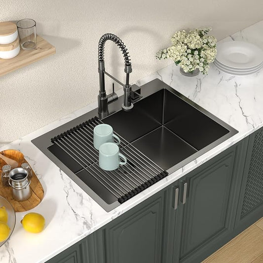 Lordear 30x22 Kitchen Sink Black Drop In Single Bowl 16 Gauge Stainless Steel Gunmetal Black 30 Inch Topmount Kitchen Sinks 30" Basin