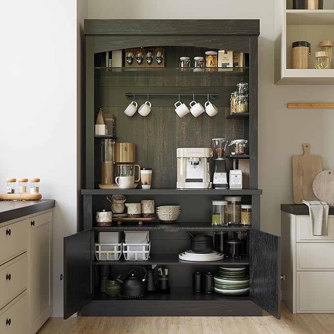 GarveeHome Coffee Bar Cabinet with LED Lights 72 in Tall Buffet Cabinet with Storage Farmhouse Kitchen Sideboard Tall Coffee Hutch with Microwave Stand/Wine Rack/Glass Shelf Dining Room (Black Oak)