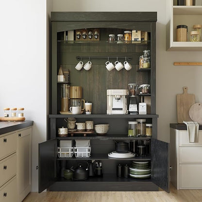 GarveeHome Coffee Bar Cabinet with LED Lights 72 in Tall Buffet Cabinet with Storage Farmhouse Kitchen Sideboard Tall Coffee Hutch with Microwave Stand/Wine Rack/Glass Shelf Dining Room (Black Oak)