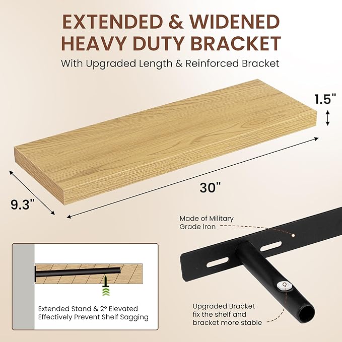 Dreamland 30 Inches Floating Shelves for Wall, 9.3" Deep Long Floating Shelves Set of 2, Large Display & Storage Shelf, Wall Shelf for Bathroom Bedroom Living Room Kitchen Office, Oak