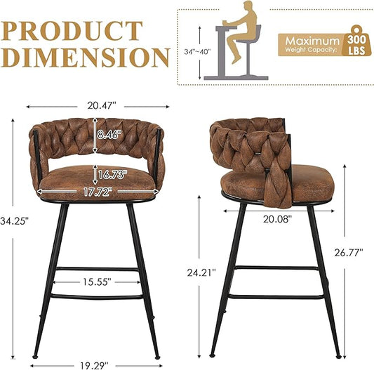VECELO Bar Stools Set of 4, Counter Height Bar Stools, 26 inch Seat Barstools with Woven Back and Footrest for Kitchen Island Counter, Brown