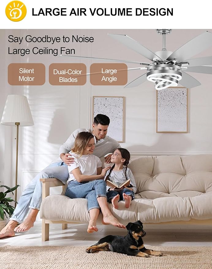 72 Inch Modern Large Ceiling Fans with Lights and Remote Reversible Quiet DC Motor 6 Speed Silver LED Chandelier Ceiling Fans for Living Room Bedroom Kitchen