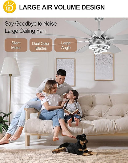72 Inch Modern Large Ceiling Fans with Lights and Remote Reversible Quiet DC Motor 6 Speed Silver LED Chandelier Ceiling Fans for Living Room Bedroom Kitchen