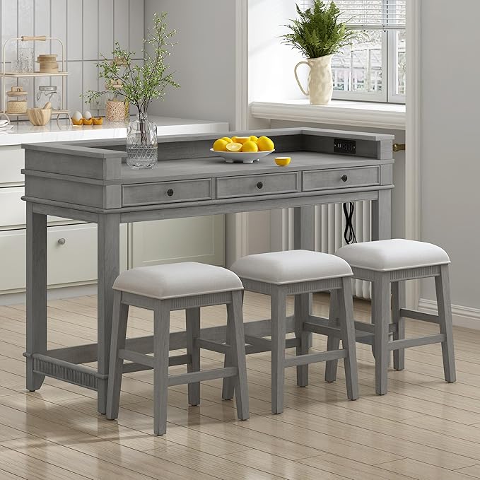 4-Piece Counter High Bar Table Set with Drawers & Charging Station,Counter Height Dining Table Set with Rectangle Table & 3 Upholstered Chairs,Dinette sets for Breakfast Nook,Small Place,Light Grey