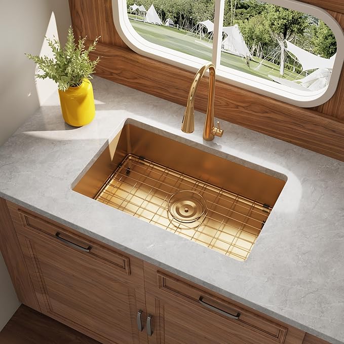 Kitsitchen Gold RV Kitchen Sink 25 Inch,18 Gauge Stainless Steel Single Bowl Gold Undermount Kitchen Sink, 7 Inch Depth RV Sinks with Strainer & Bottom Gird, Outdoor Camper Prep Sinks(25" x 16" x 7")