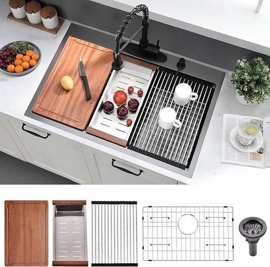 33x19 Drop In Kitchen Sink Black - 16 Gauge Stainless Steel Workstation Sinks Ledge Handmade 10 Inch Deep Single Bowl Kitchen Sink Top Mount Easy to Clean