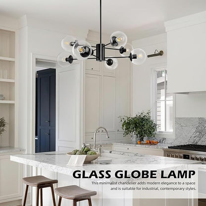 Bagood 8-Light Globe Sputnik Chandelier Mid Century Sputnik Chandeliers Modern Black Chandelier with Clear Globe Pendant Light Clear Glass Adjustable Hanging Ceiling Light for Living Dining Room