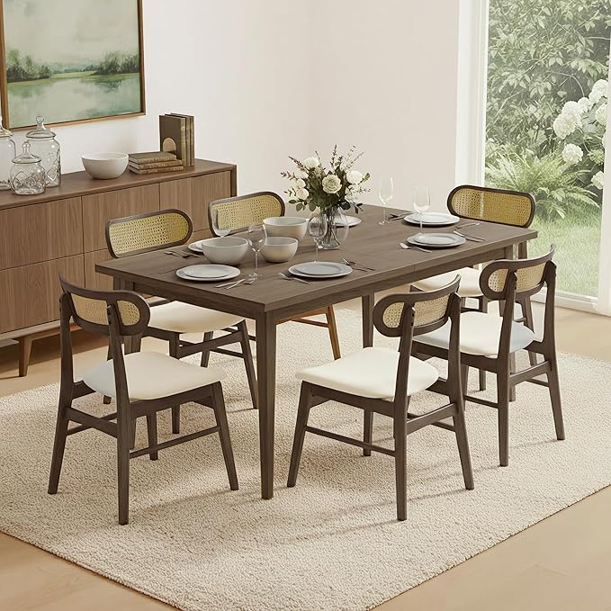 KISLOT Wooden Dining Chairs Set of 6, Upholstered Modern Dining Room Chairs, Mid Century Oak Wood Kitchen Chairs with Rattan Backrest for Farmhouse, Kitchen, Restaurant (Cream Fabric & Walnut Color)