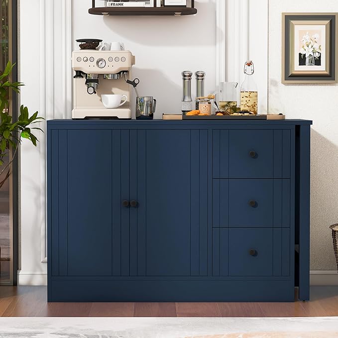 JIJIWANG 89.7'' Wooden Sideboard with Extendable Table,Multifunctional Storage Kitchen Island with 2 Doors and 3 Drawers,for Living Room,Study,Foyer and Kitchen, Navy Blue