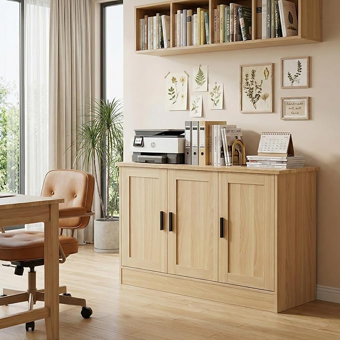 Anystyle 43" Oak Buffet Cabinet with Black Handles, Small Kitchen Sideboard with 3 Doors & Adjustable Shelves, Modern Entryway Credenza & TV Console Table for Living Room, Dining Room