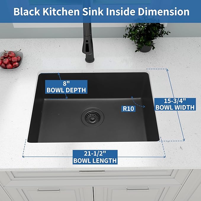 Black Kithcen Sink, 23 Inch Undermount Kitchens Sinks, 23"x 18"x 8" Small Matte Black Bar Sinks, 23 x18 Granite Composite Quartz stone Kitchen Sink With Accessories