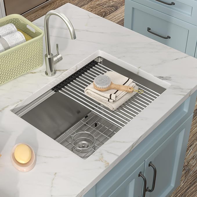 24"x18" Undermount Laundry Utility Sink Workstation – 16 Gauge 304 Stainless Steel, 12 Inch Deep Single Bowl Under Counter Sink Basin for Laundry Room, RV or Utility Use