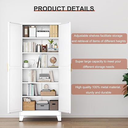 PAOFIN Kitchen Pantry Storage Cabinet with Doors and Adjustable Shelves, Metal ClosetMaid Food Pantry Cabinets, 75" Tall Freestanding Cupboard for Kitchen, Laundry or Utility Room, White