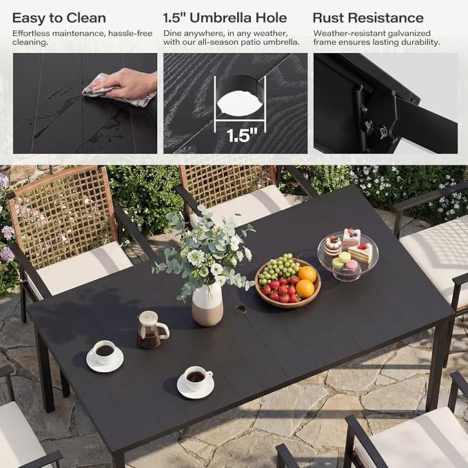 LAUSAINT HOME 7 Pieces Patio Dining Set, Outdoor Furniture Set of 6 Wicker Chairs (2 of Them Swivel) with Soft Cushion and Iron Slats Table Top with Umbrella Hole, Conversation Set for Backyard