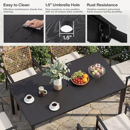 LAUSAINT HOME 7 Pieces Patio Dining Set, Outdoor Furniture Set of 6 Wicker Chairs (2 of Them Swivel) with Soft Cushion and Iron Slats Table Top with Umbrella Hole, Conversation Set for Backyard