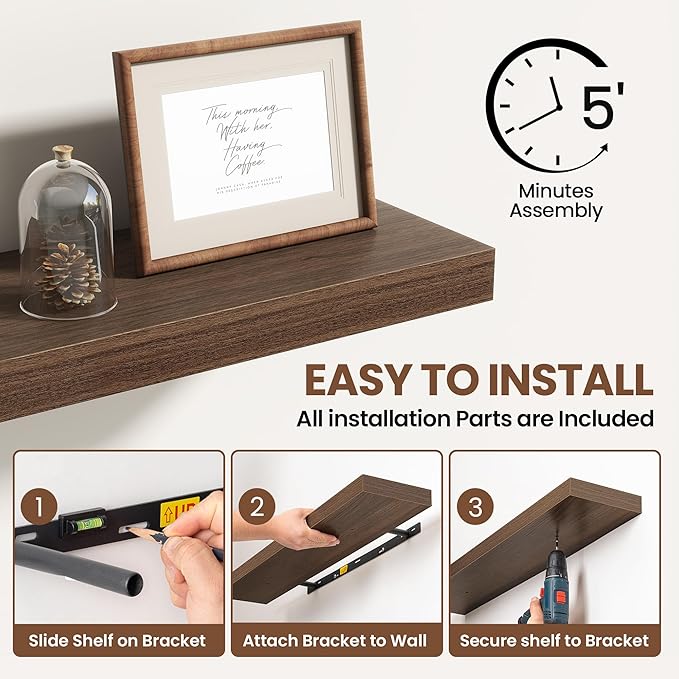 Acovy 36 Inch Floating Shelves for Wall 2 Pack, 36" Wall Shelves for Books, Storage, Decor, Wall Mounted Floating Shelf with Invisible Brackets for Kitchen, Living Room, Walnut