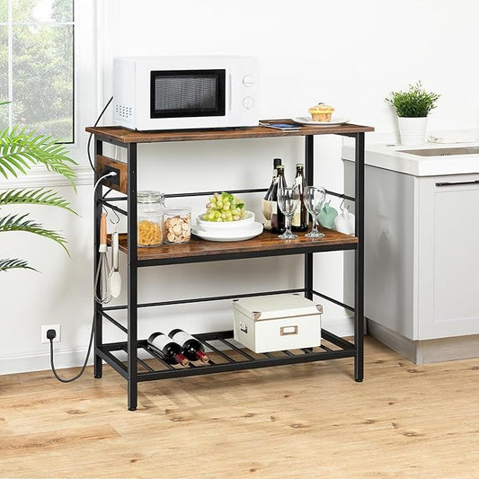 HOOBRO Kitchen Island with Storage, Kitchen Island Table with Power Outlet, 35.4" L 3 Tier Coffee Station and Microwave Stand, for Home, Dining Room, Rustic Brown and Black BF021ZD01