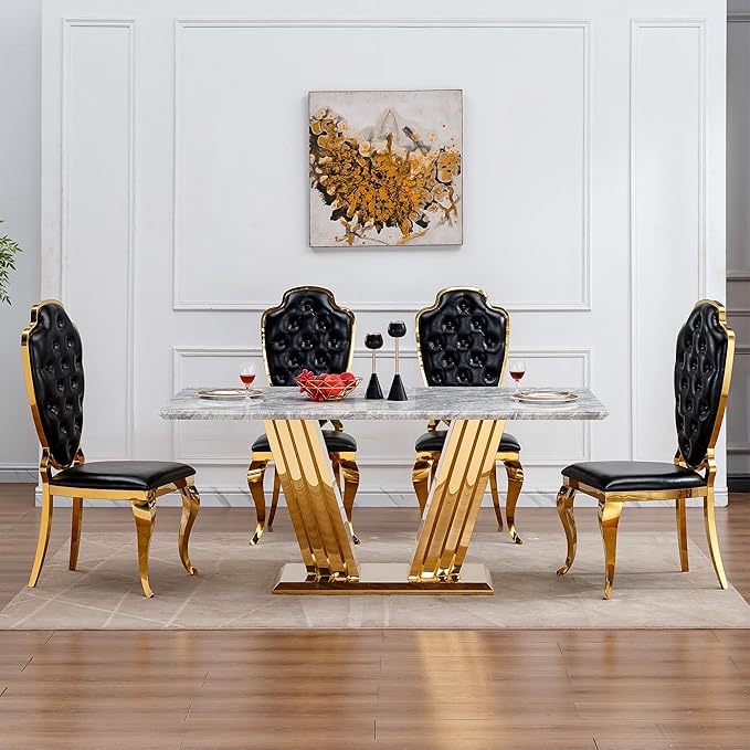 70" Marble Dining Table for 6-8, Modern Luxury Gold Rectangular Large Kitchen Table, Marble Grain MDF Tabletop & Stainless Steel Base, Dinner Furniture for Kitchen Dining Room, Meeting Room, Grey