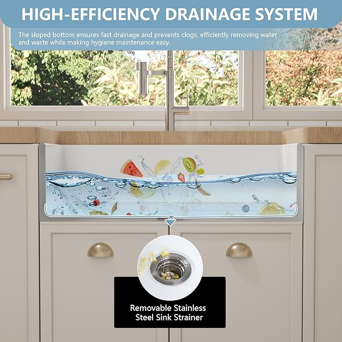 DeerValley Farmhouse Kitchen Sink 33 Inch, Fireclay White Undermount Kitchen Sink, Apron-Front, Large Deep Single Bowl with Bottom Grid & Strainer