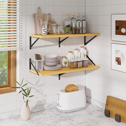 Acovy Floating Shelf for Wall,32" WX10 D Wood Floating Shelves with Sturdy Metal Bracket Set of 2,Wall Mounted Hanging Shelf for Bathroom,Bedroom,Kitchen,Oak