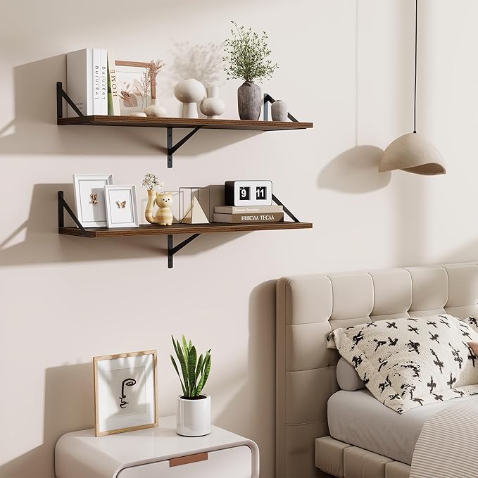 Acovy Walnut Deep Floating Shelves for Wall,36" Wx10 D Wood Wall Shelves with Metal Brackets,Hanging Storage Floating Shelf for Living Room,Bedroom,Bathroom,Office,Kitchen