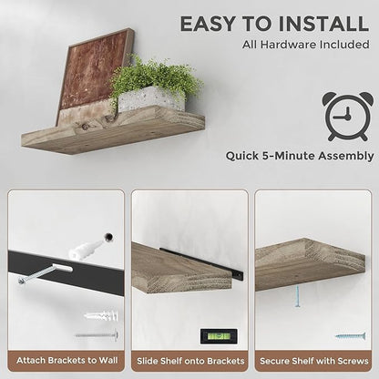 Dreamland Floating Shelves for Wall, Solid Rustic Reclaimed Wood Shelf 7.5 Inch Deep for Storage, Wall Mounted Display Shelving with Invisible Heavy-Duty Metal Bracket, 24 Inch Width Set of 2, Grey