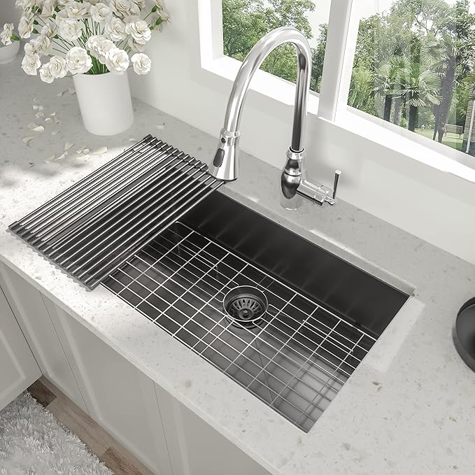 33 Inch Black Undermount Kitchen Sink - Beslend Gunmetal Black NANO-PVD Sinks Stainless Steel Under Counter Kitchen Sink 16 Gauge Single Bowl Round Corner Basin 33x19x10