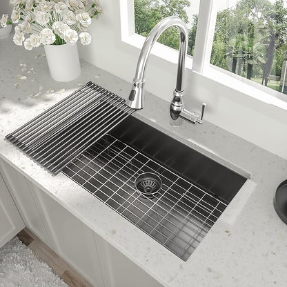 33 Inch Black Undermount Kitchen Sink - Beslend Gunmetal Black NANO-PVD Sinks Stainless Steel Under Counter Kitchen Sink 16 Gauge Single Bowl Round Corner Basin 33x19x10