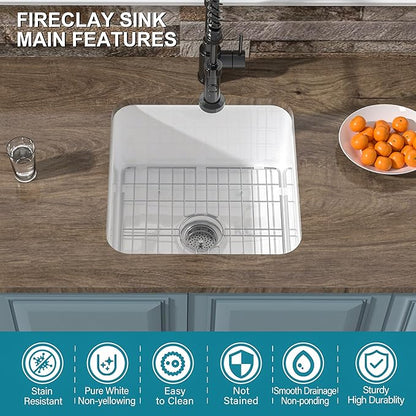Small Undermount Bar Sink White 18 x 18 Inch, 9" Height Topmount Fireclay Kitchen Sink Drop In Single Bowl, Dual Mount Heavy Duty, w Accessory 2 Types, White, for Kitchen, Outdoor