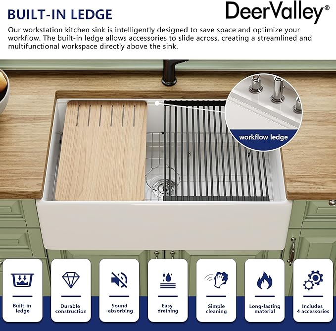 33In White Farmhouse Sinks for Kitchens, DeerValley 33 Inch Farm Kitchen Sink Workstation Flat Apron Front, White Fireclay Single Bowl Kitchen Basin with Cutting Board, Dish Rack & Grid, Easy to Clean